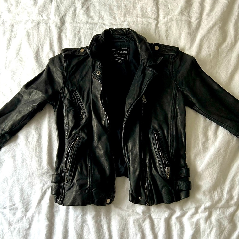 Lucky Brand Black Leather Jacket with Silver Hardware & Buckles, Size XS